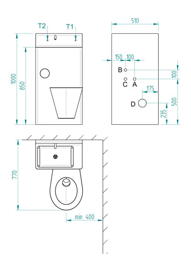 Minimal recommended dimensions for installation and requirements for setting up construction (frontal view to wall) - <b>BSK 02.KP</b>