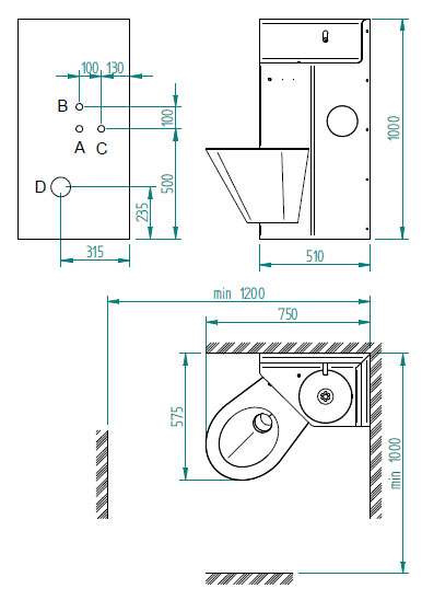 Minimal recommended dimensions for installation and requirements for setting up construction (frontal view to wall) - <b>BSK 02.UL</b>