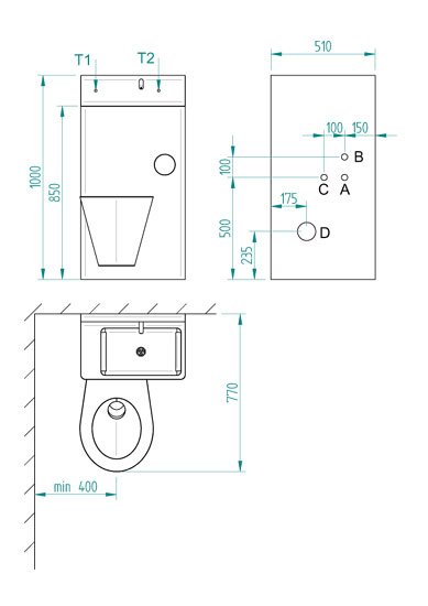 Minimal recommended dimensions for installation and requirements for setting up construction (frontal view to wall) - <b>BSK 02.KL</b>