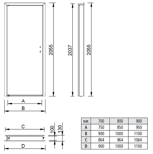 Scheme of stainless steel door NDE with doorframe NZE
