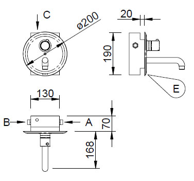 Schéma - AUM 13 nástěnná vestavná automatická baterie se směšovacím nebo termostatickým ventilem
